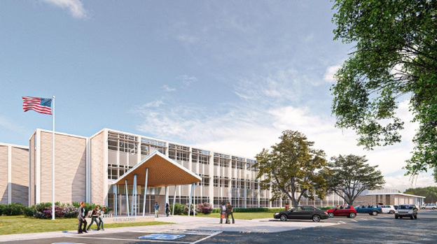 Cost estimator in Texas shows front entrance of Grady Spruce High School in Dallas