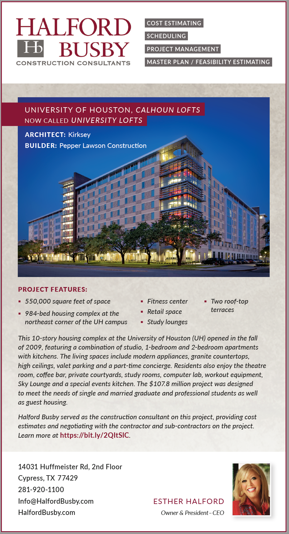 Halford Busby ad in Tx Architect Magazine on Project with UH's Calhoun Lofts