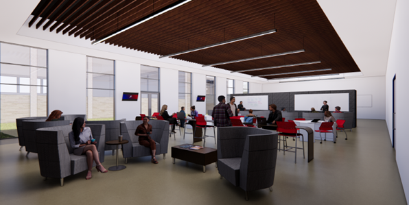 Cost estimator in Texas shows interior seating area at Grady Spruce High School, Dallas ISD