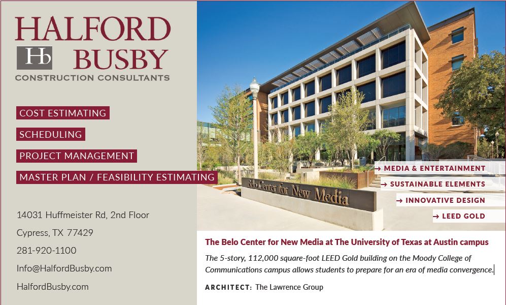 Halford Busby ad in Texas Architect magazine highlights Belo Center at UT